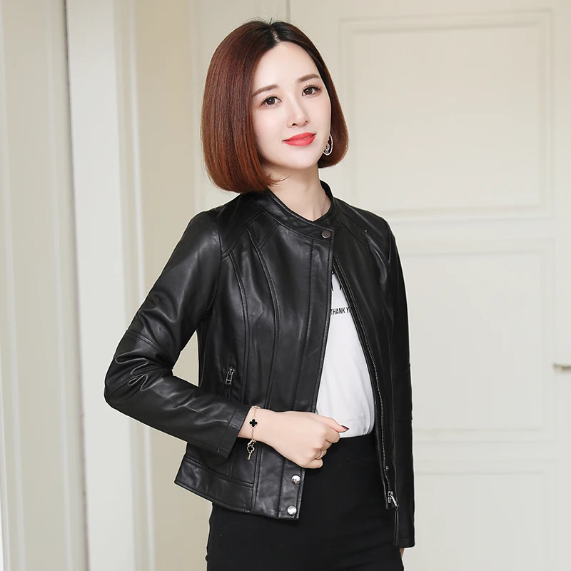 

JCHB 2021 New Spring Princess Haining sheep leather leather leather coat women's round neck short small leather jacket