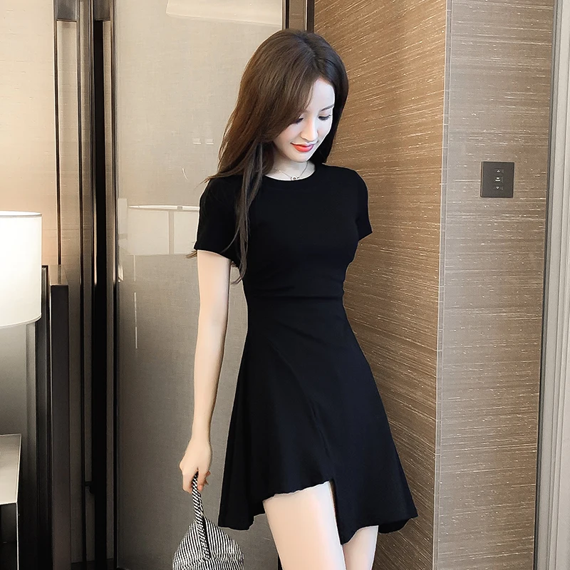 

COIGARSAM 3XL Plus Size Women one-piece dress korean New Summer High Waist Dresses Black 5867
