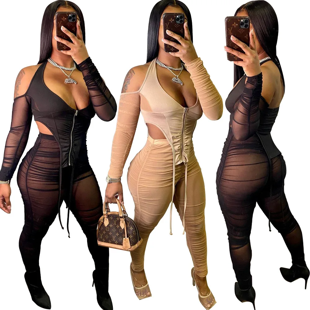 

Black/Beige Sheer Mesh See Through 2 Piece Outfits for Women Off Shoulder Backless Crop Top + Ruched Stacked Legging Tracksuit