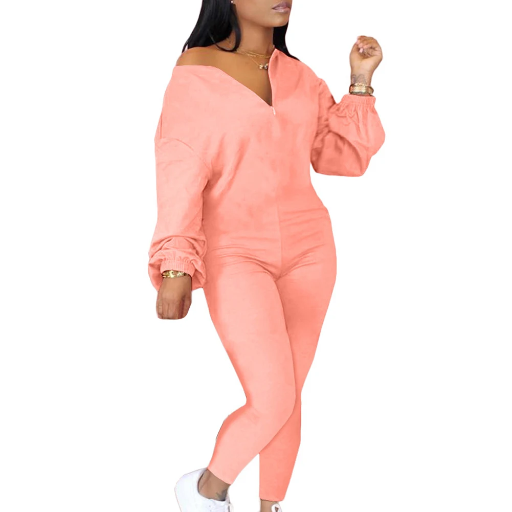 

Solid Zip Up Round Neck Long Sleeve Jumpsuit for Women Oblique Collar Casual Fashion Body Suit PR Sale