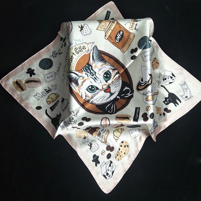 

2020 70x70 Ins CATS CUTE Multipurpose women Silk twill scarf Satin square tie Hairband ladies foulard femme towel bufanda shawl