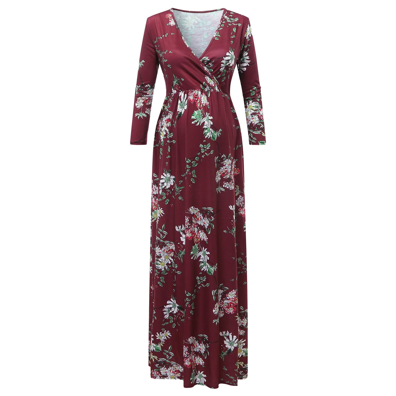 

Women Maternity Pregnancy Dresses Casual V-neck print flower Maxi Wrap Long Dresses Pregnant woman vestidos de embarazada largos