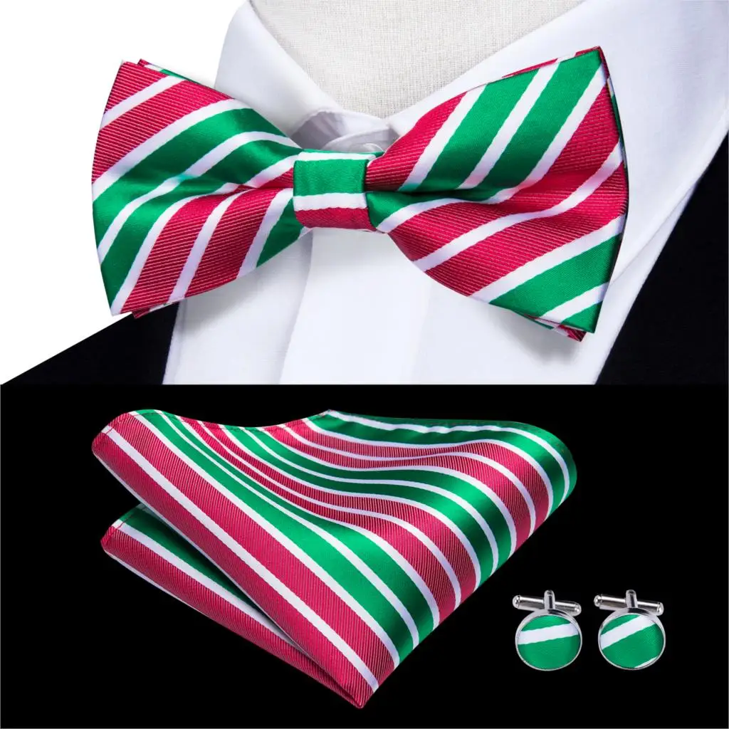 

LH-539 Hi-Tie Christmas Tie Green Red Striped Bow ties for Men Fashion Design Silk Set Bowtie Pocket Square Cufflinks Set ties