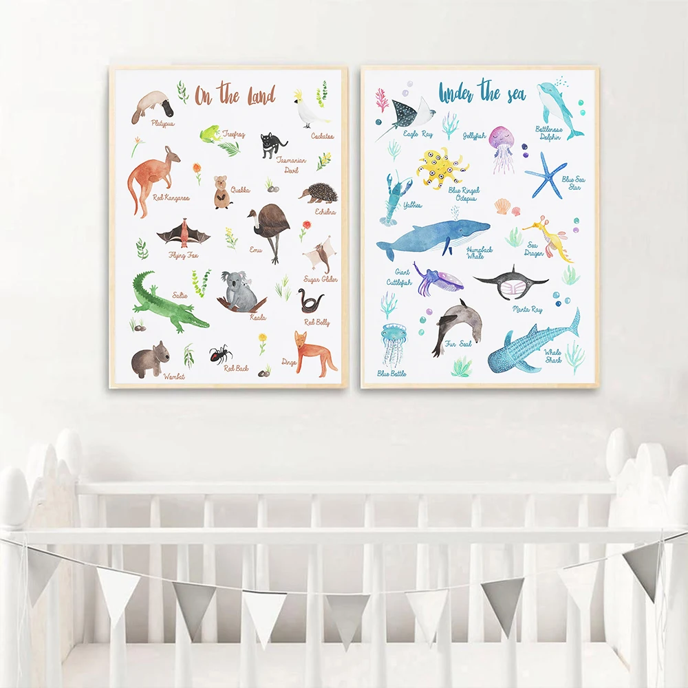 

Алфавит, животные, холст, плакаты, образовательные принты для детской комнаты, художественная живопись, скандинавские настенные картины дл...