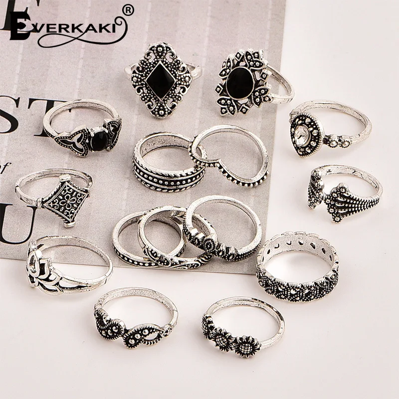 Женский набор колец Everkaki Boho серебряных с волнистым цветком и короной лотоса