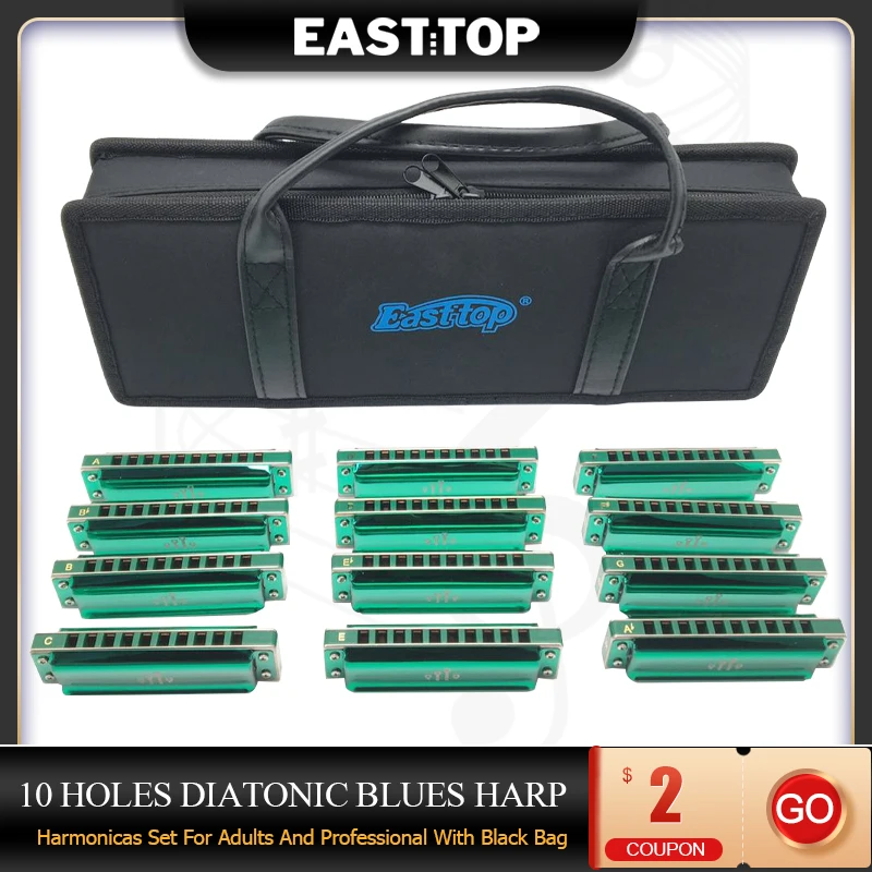 EASTTOP-armónica diatónica PR020 para adultos y profesionales, conjunto de órgano bucal, 10 agujeros, con bolsa negra