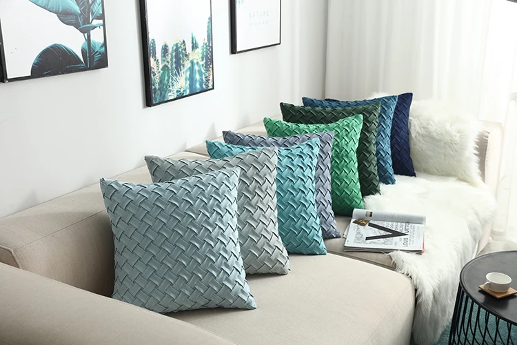 Blue Cushion Cover Soft Faux Suede Home Decorative Navy Pillow Cover Woven Pattern Green 45x45cm/30x50cm