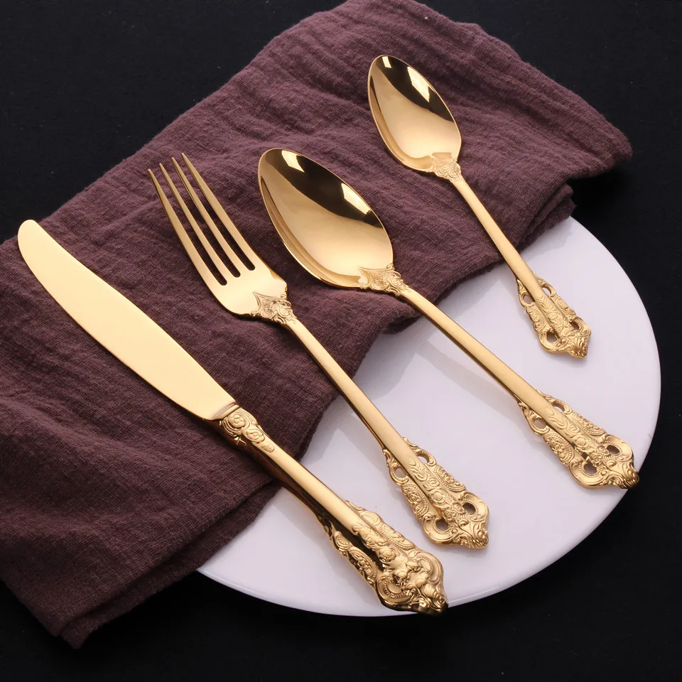 Золото Серебро столовая посуда набор столовых приборов вилки ножи ложки дворец