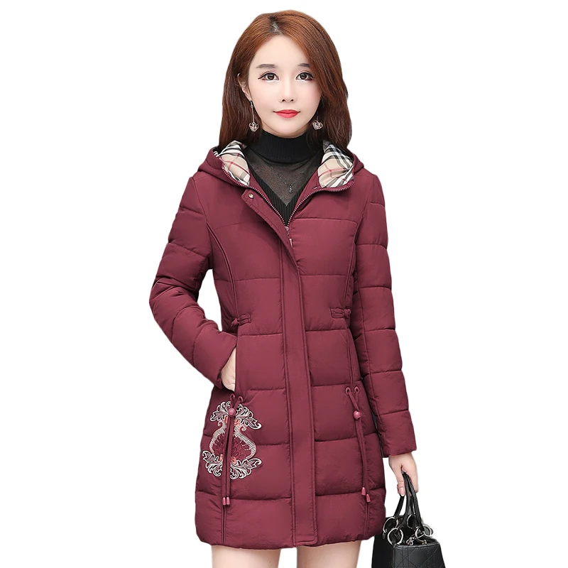 

Hooded down cotton padded jacket women's middle and long style 2020 winter new Korean version loose Chinese style mother's