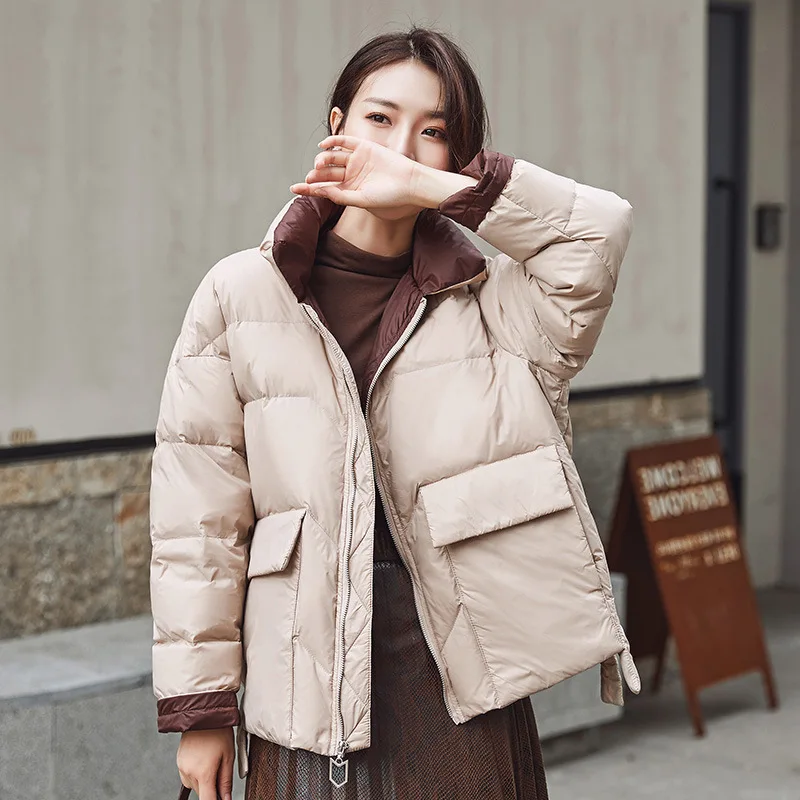

Женский пуховик с воротником-стойкой, зимняя короткая куртка в Корейском стиле, модная женская куртка с белым утиным пухом