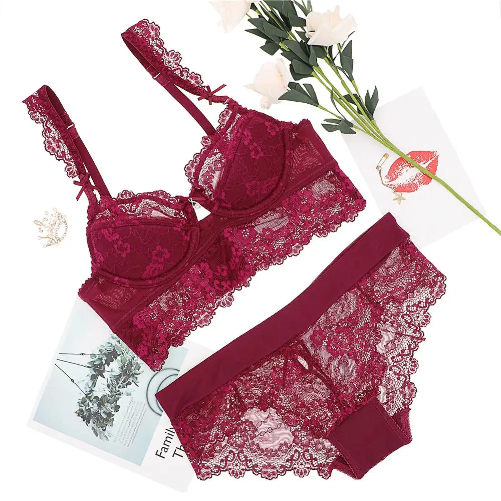 wine red Varsbaby, модное сексуальное кружевное нижнее белье, тонкая чашка, пуш-ап, нижнее белье, полый бант, размера плюс, 32ABCD-42CD, комплект с бюстгальтером - Цвет: wine red