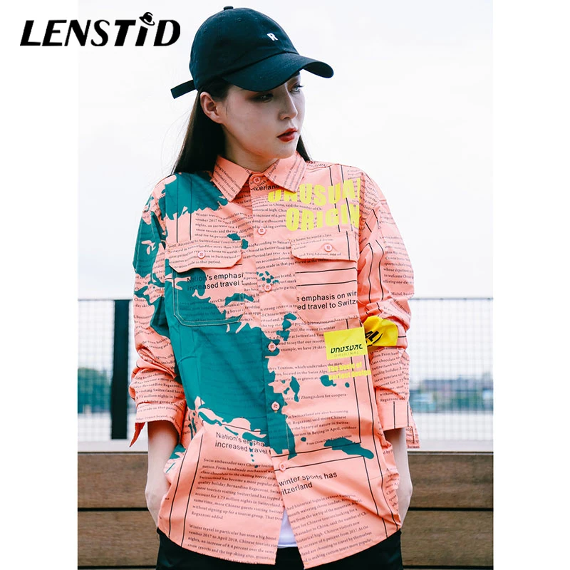 LENSTID 2019 осенние мужские рубашки в стиле хип хоп с графической картой газетный