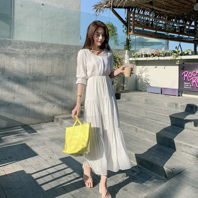 FINEWORDS 2020 элегантное белое платье в стиле ретро Летнее Длинное Платье с V образным