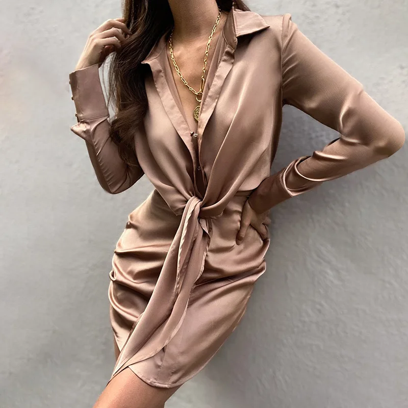 

Sexy Solid Satin Lace-Up Buttons Party Dress Women Turn-down Collar Elegant Party Dress Spring Long Sleeve Mini Dress Streetwear