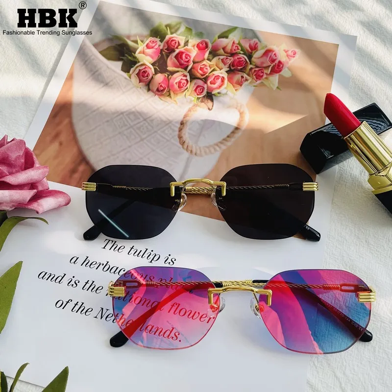 

HBK Square Rimless Sunglasses Women's Fashion 2021 Luxury Red Mirror Lens Metal Frame Vintage Polygon Frameless Sun Glasses