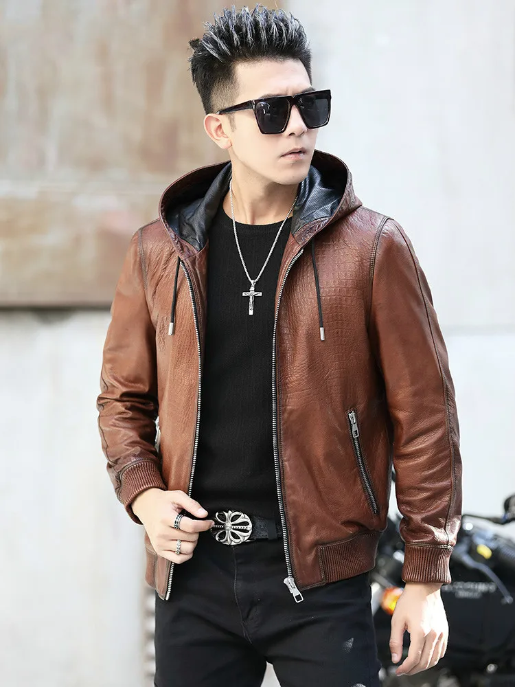 

First Layer Cowhide Leather Coat Mens Hooded Motorcycle Male Autumn and Winter Clothing Jackets