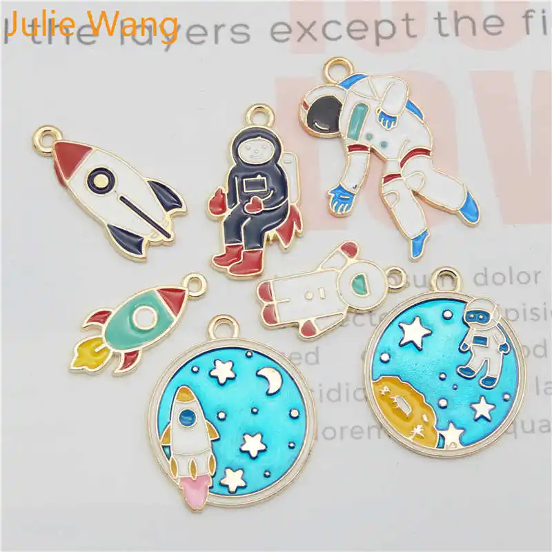 

Julie Wang 7PCS Enamel Astronaut Rocket Charms Mixed Aerospace Gold Tone Necklace Bracelet Earrings Jewelry Making Accessory