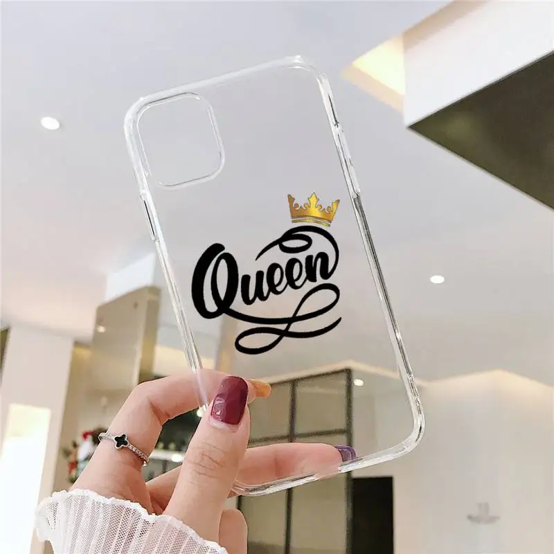 

Crown Letter King Queen Phone Case Transparent for iPhone 6 7 8 11 12 s mini pro X XS XR MAX Plus SE cover funda