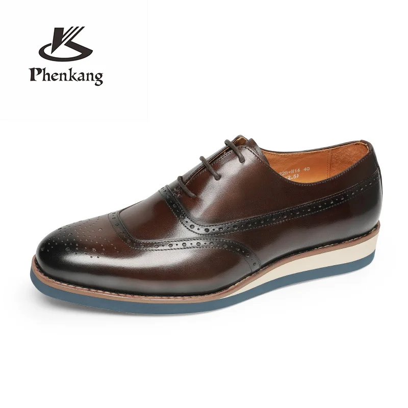 

Phenkang Men Genuine Wingtip Leather Platform Oxford Shoes Round Toe Lace-Up Oxfords Dress Brogues Wedding Shoes For Men