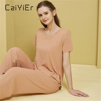 caiyier summer women pajamas thin traceless sleepwear suit simple pure color trousers with short sleeves 2piece casual home wear