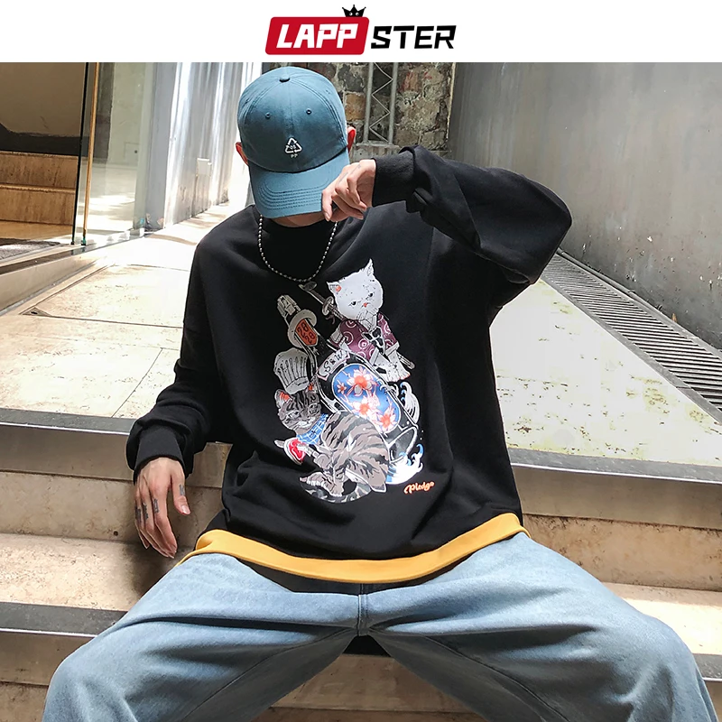 LAPPSTER мужские толстовки Harajuku негабаритных кошек осенние мужские японские уличные черные толстовки мужские забавные хлопковые толстовки с принтом