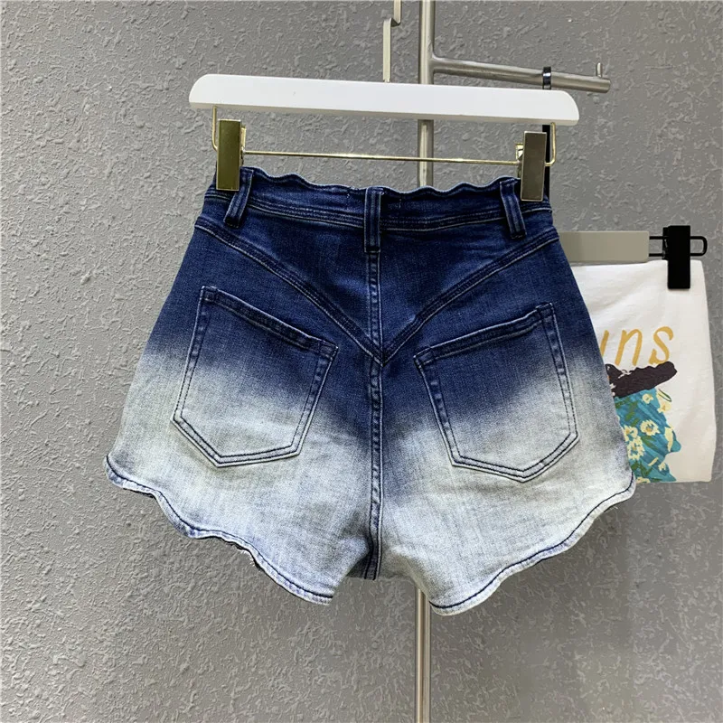 

2021 Summer Ladies New Exquisite Button Irregular Contrast-Color Ruffled Denim Shorts Women's Western Fashion Jeans Hot Pants