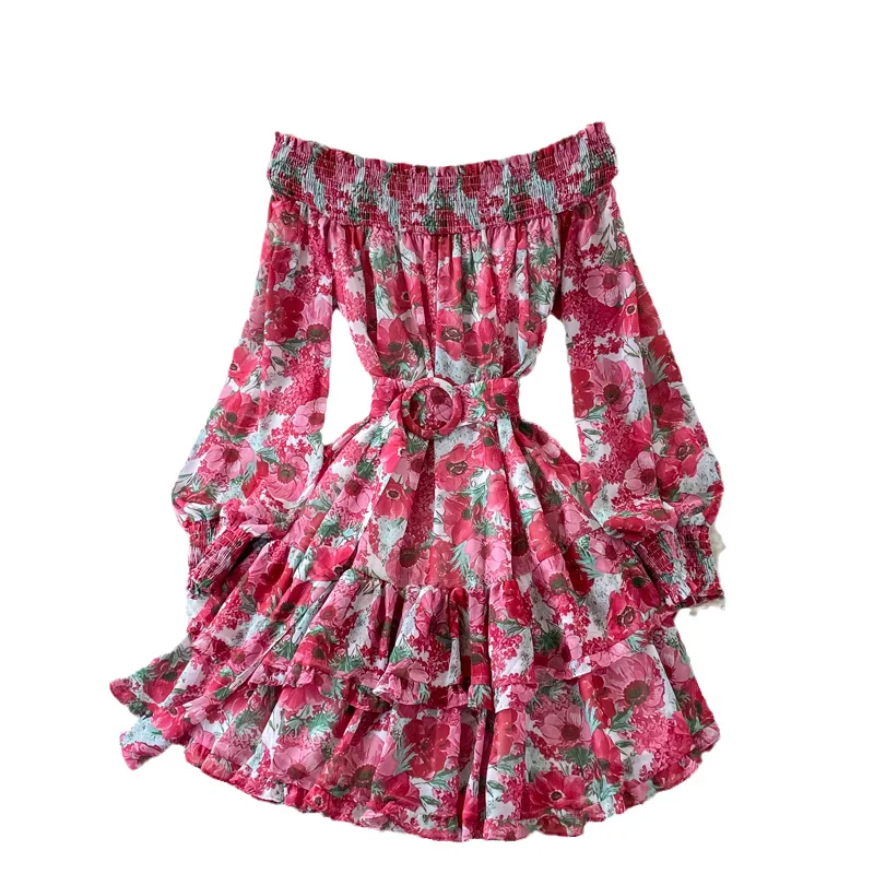 

Fashion Off Shoulder Floral Dress Women Long Sleeve Early Autumn Puff Sleeve Waist Thin Dress Women Fairy Holiday Dress