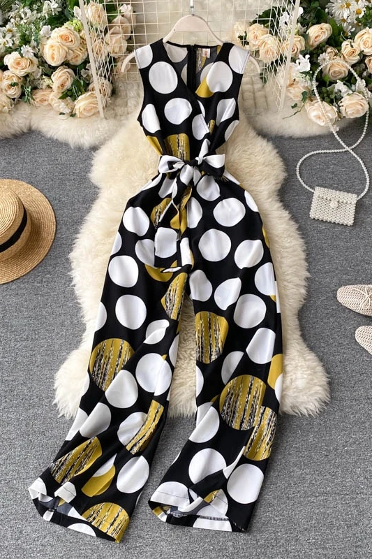 

ZOSOL European and American Pattern Printed Jumpsuit V-neck Sleeveless Waist Hugging Lace-up Chic Wide Leg Romper Trousers