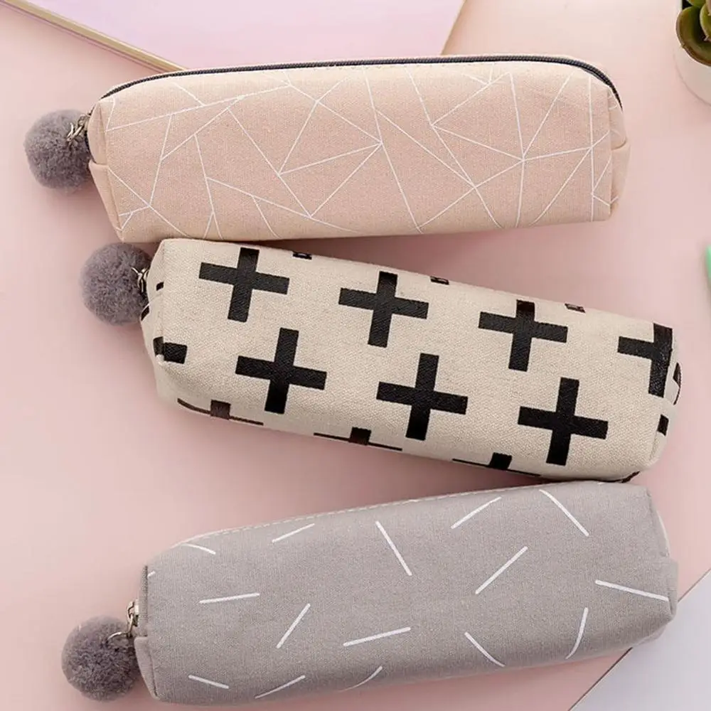 Чехол карандаш с плюшевыми шариками для девочек милая холщовая косметичка сумка