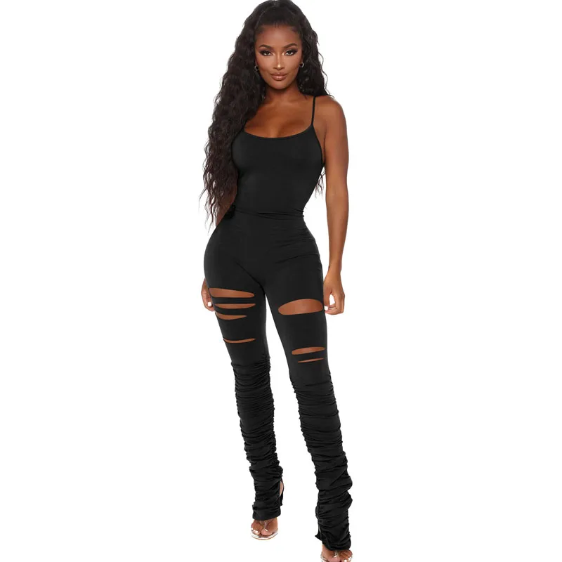 

A&BHelenss Sexy Hole Bodycon Stacked Jumpsuit Party Outfits for Women Summer Clothes One Piece Flare Pants