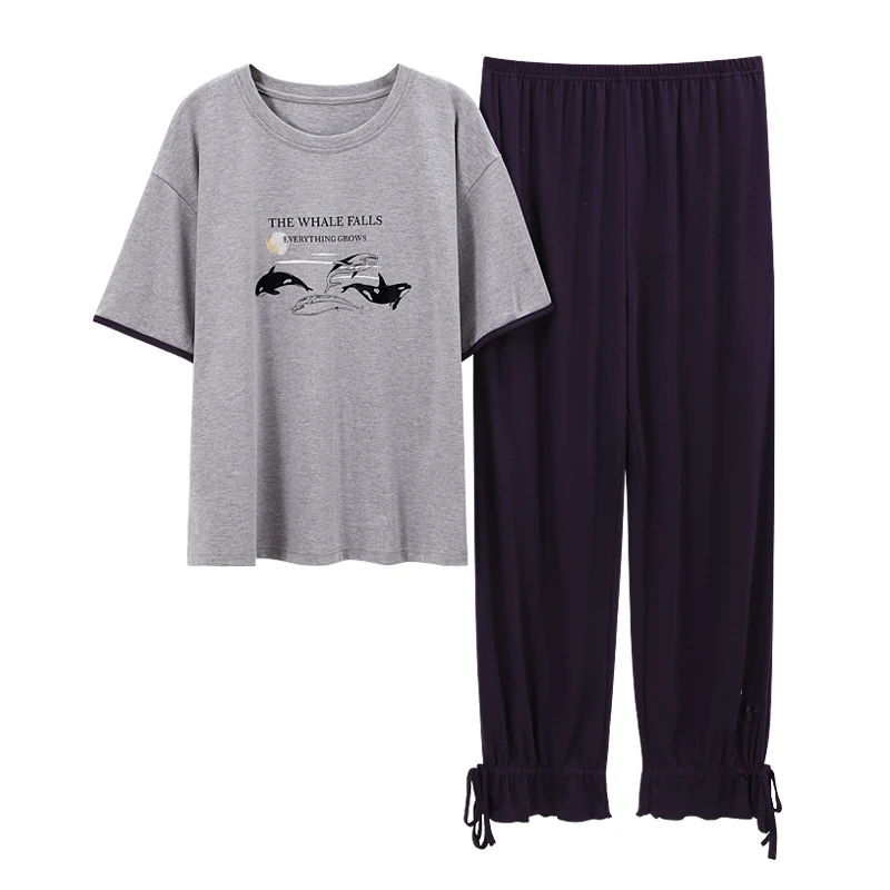 

Gray Whale Pattern Loose Thin Homewear Elastic Waist Long Pants Sleepwear Summer Short Sleeve Knitting Cotton Women Pajamas Set