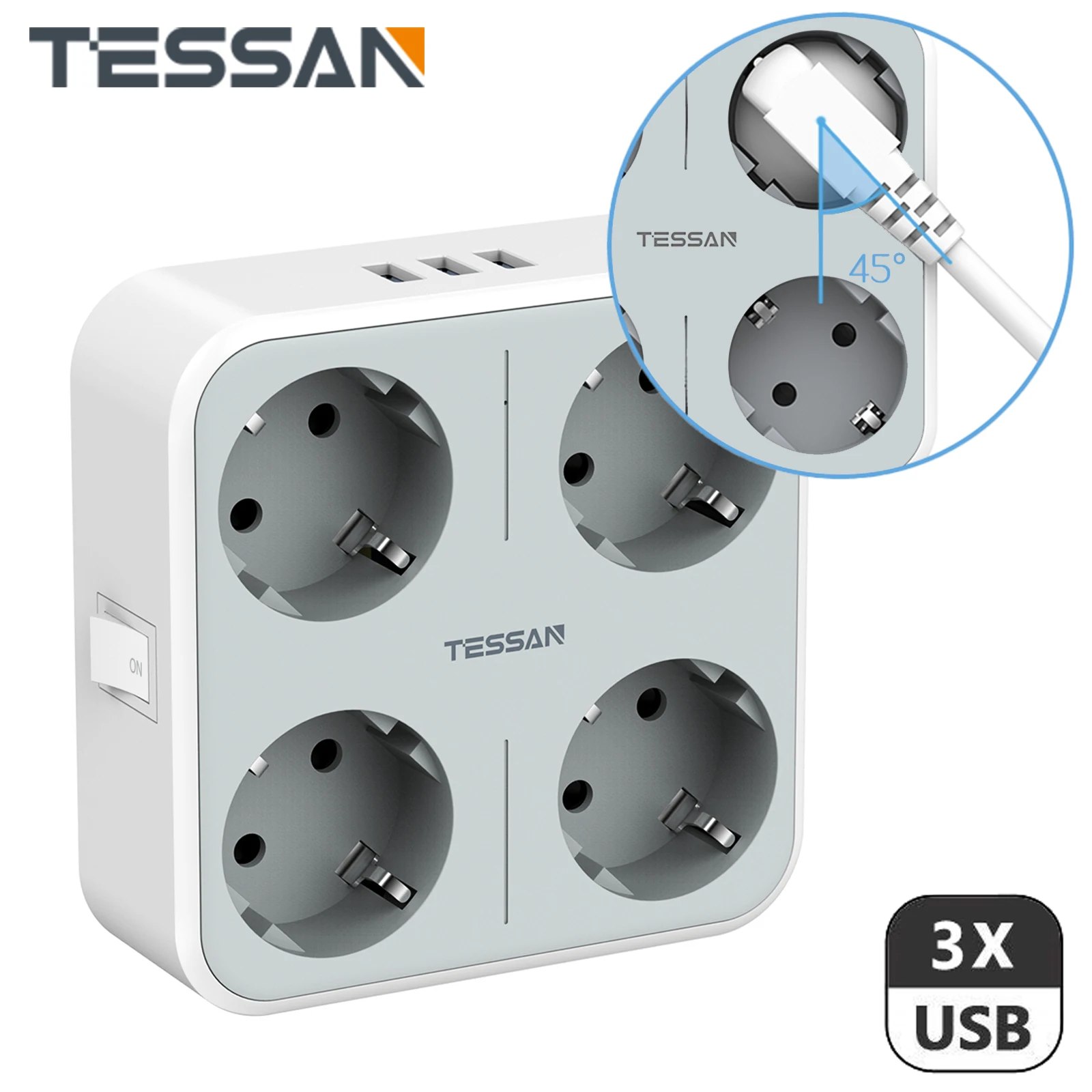 Сетевой фильтр TESSAN на 4 розетки с 3 USB-портами (5 В/а) и переключателем ВКЛ./ВЫКЛ.