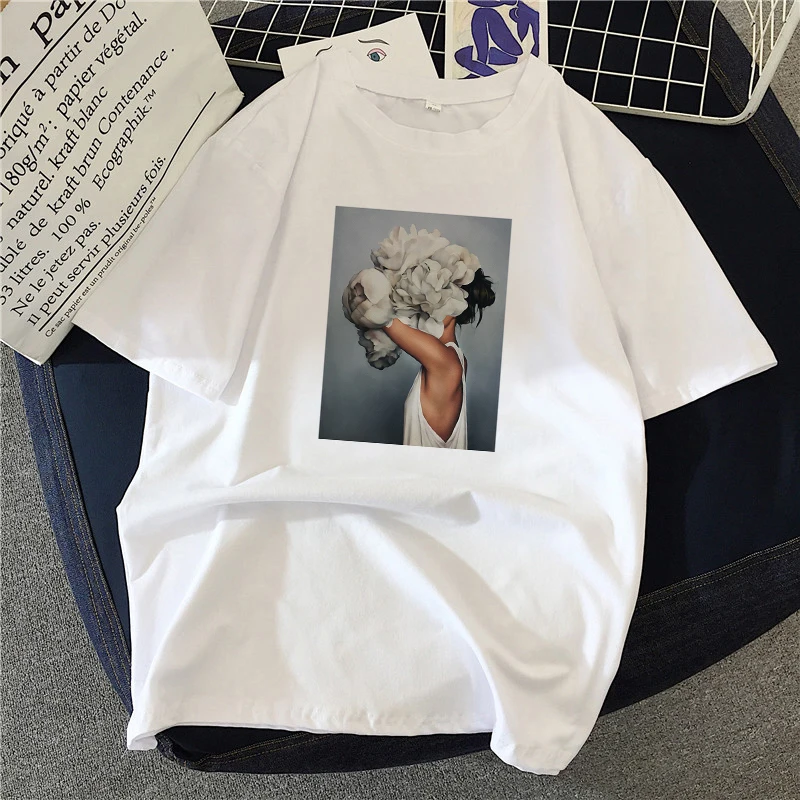 

Women's casual T-shirt Harajuku sexy beautiful Flowers printed T shirt fashion Korean trend white top female Tshirt