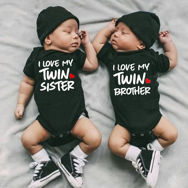 Funny Newborn Baby Boys Girls Bodysuit Twin Sister and Twin Brother Print Romper Jumpsuit Outfits Baby Twins Shower Gift Clothes