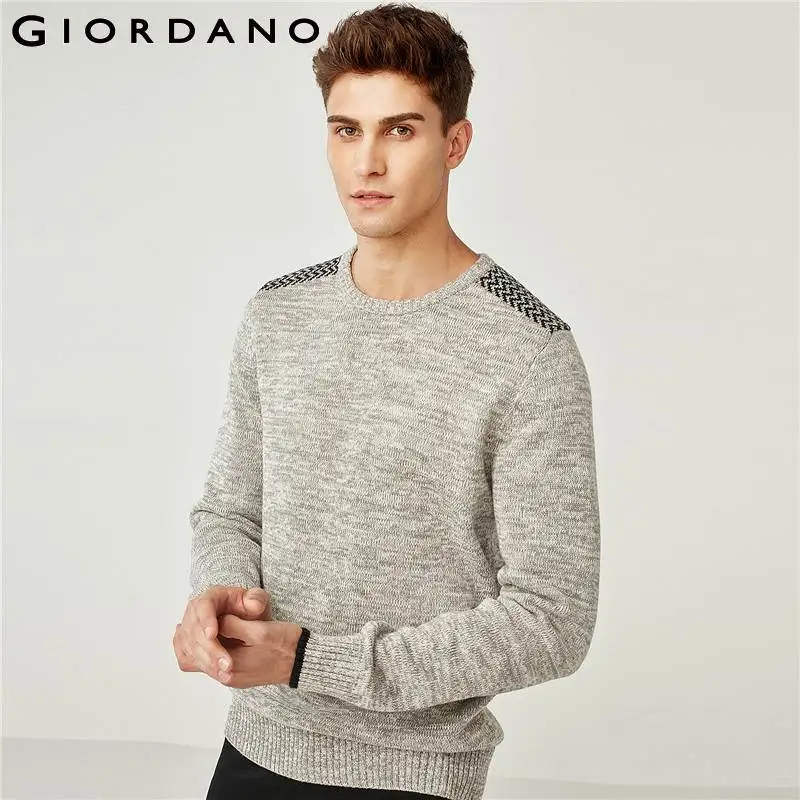 Мужской свитер Giordano хлопковый утепленный контрастного цвета с вырезом