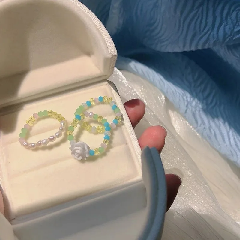 

Cute Multi Beaded Imitation Pearl Colorful Crystal Adjustable Rope Chain Rings For Women Continuous Circle Minimalist Ring