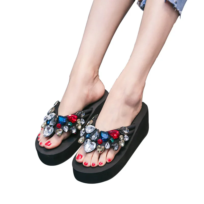 6cm high heel womens beach holiday sandals rhinestone wild non slip womens shoes rhinestone shoes women house slippers free global shipping