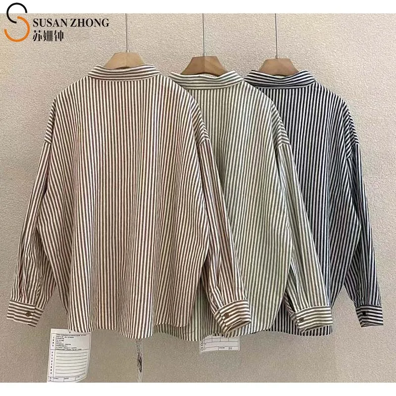 

Women Shirt Female Blouse Lady Top 2021 Spring Natural Normcore Cotton Loose Turn-Down Collar Stripe Embroidery Letter Batwing