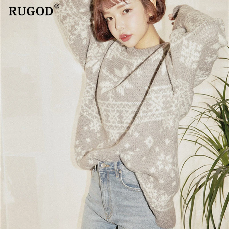 RUGOD Fashion knitted Christmas sweater women Korean chic batwing sleeve loose winter warm pullovers 2019 Casual printed | Женская