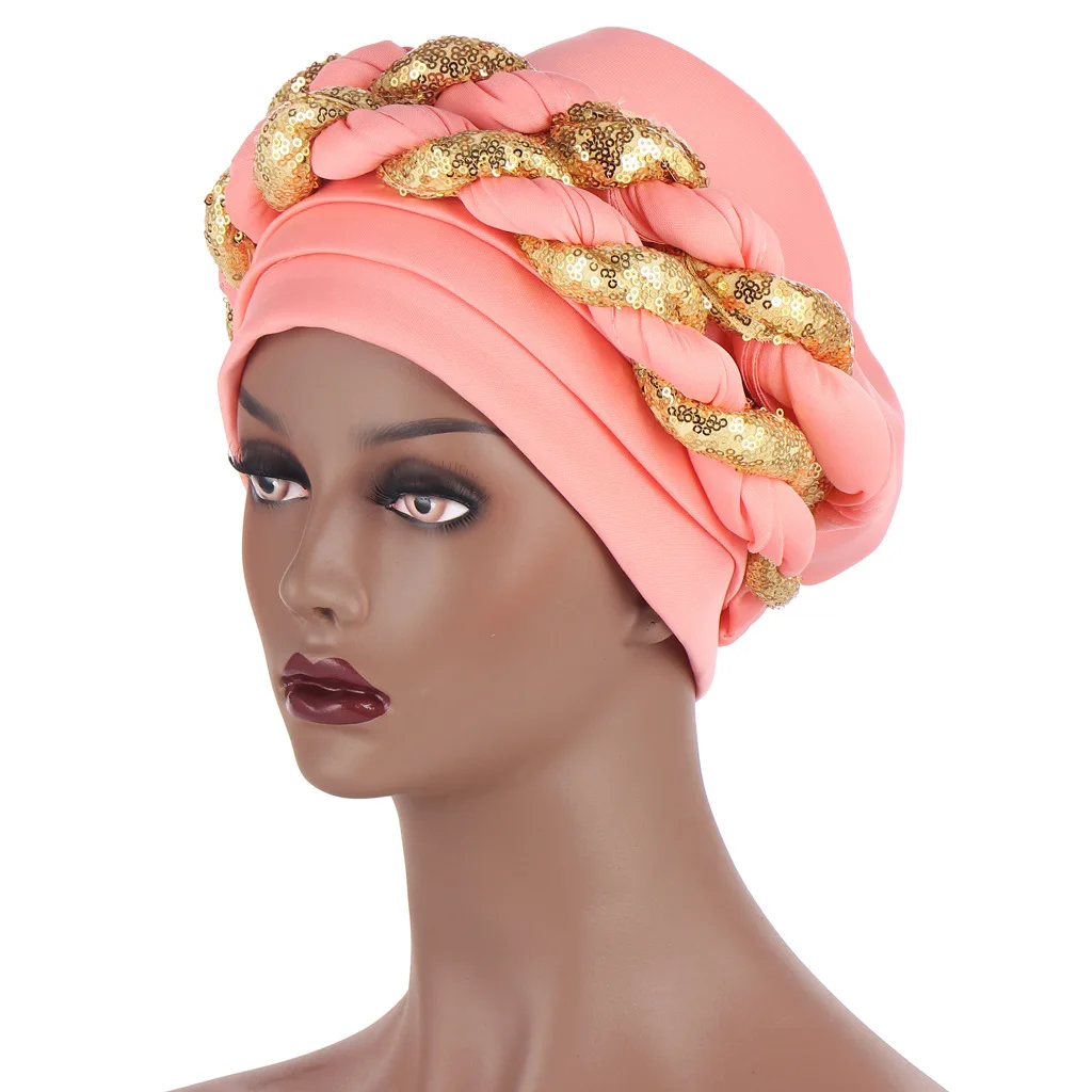 

2021 Fashion Sequins Women's Turban Caps Braids African Auto Gele Headtie Nigerian Wedding Gele Muslim Head Wraps Turban Femme