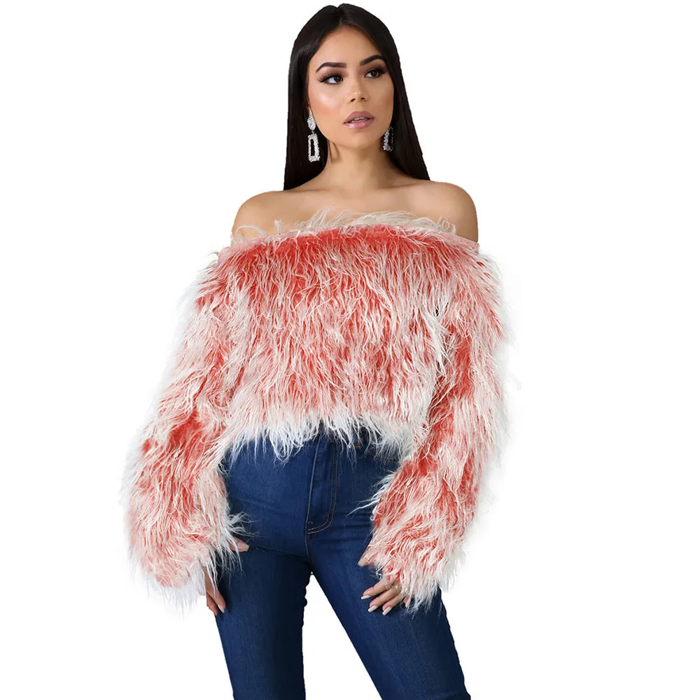 Женский пуловер из искусственного меха с открытыми плечами и длинным рукавом