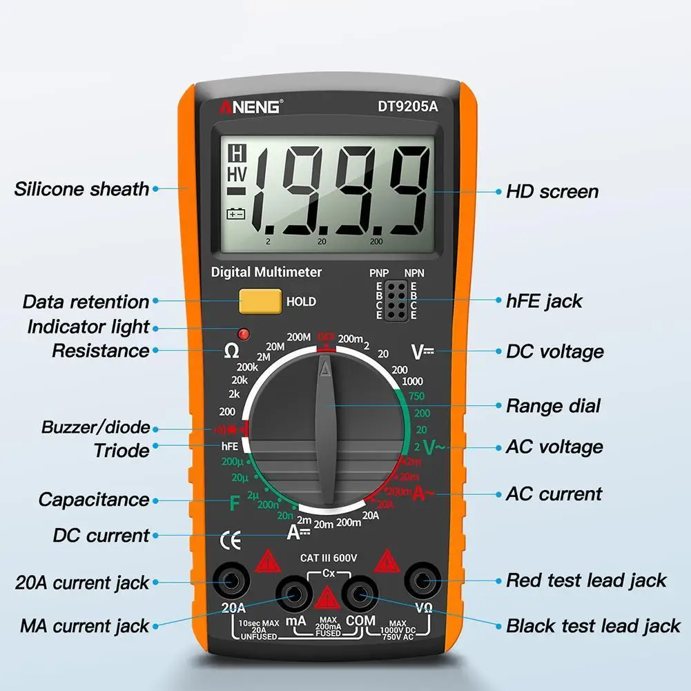 

ANENG DT9205A Digital Multimeter LCD AC/DC Transistor Analog NCV Test Electrical Range Meter Auto Tester Profesional Ammete D7Y4