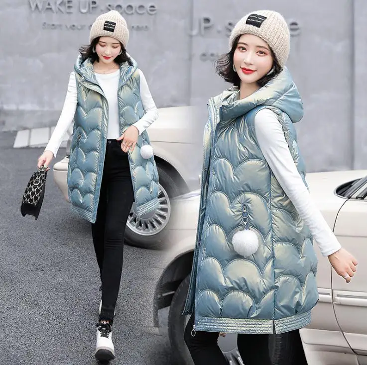 

Long Section Women Down Waistcoats Warm Thick Winter Autumn Female Cotton Padded Vests Hooded Fashion Sleeveless Parkas K1504