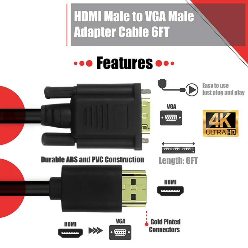 

HDMI to VGA Cable Converter Adapter 1080P 6FT for HDTV PC Desktop Monitor Video