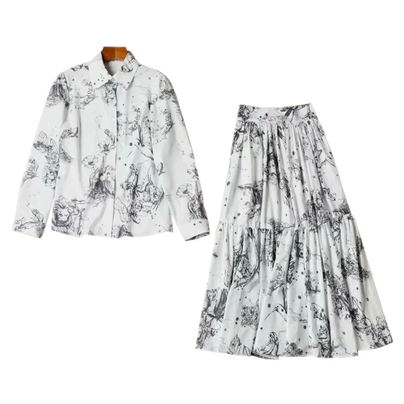 

Women Clothing Outfits Animals Print Shirt And Midi Skirt Set