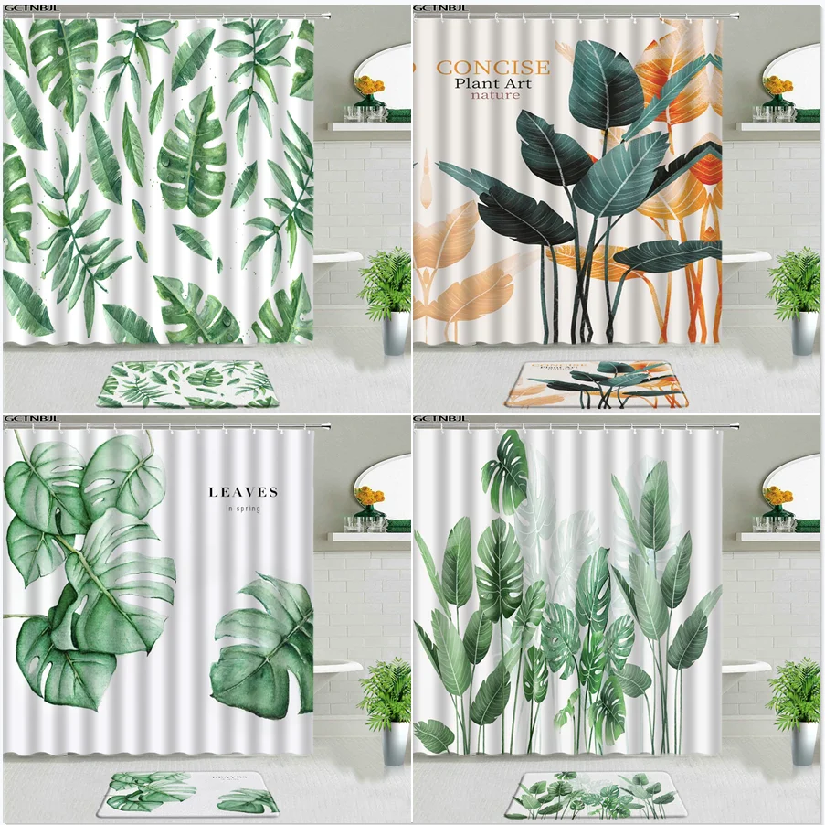 

2PCS Tropical Plant Green Leaves Shower Curtains Set Bath Mat Monstera Palm Leaf Bathroom Rugs Non-slip Kitchen Flannel Carpets