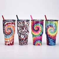 tie dye bingba cup large capacity stainless steel outdoor coffee cup creative straw water cuptumbler with straw