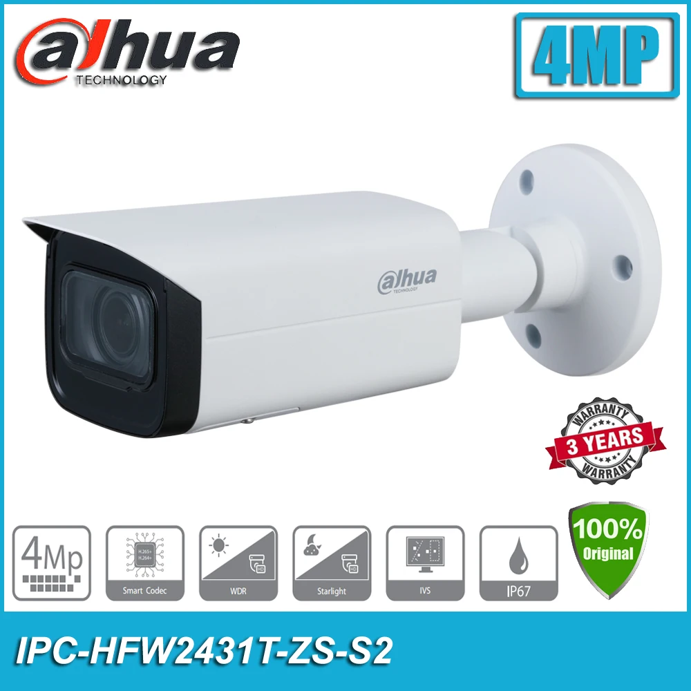 

Original Dahua IPC-HFW2431T-ZS-S2 4MP Starlight H.265 IP67 IK10 PoE IR Vari-focal Bullet CCTV Network IP Camera HFW2431T-ZS-S2