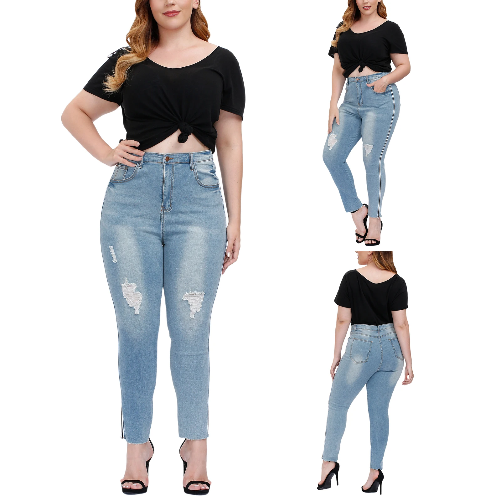 Nice Pop Women Slim Fit Ripped Jeans, Adults Summer Washed-out Mid-rise Pants With Pocket Belt Loop (Light Blue)