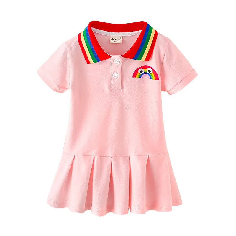 Summer Princess Dress Girl Cute Cartoon Rainbow Stripe Polo-neck Childrens Pleated Cheerleader Sports Casual Dresses | Детская одежда и